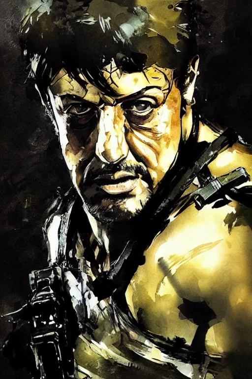 Image similar to a portrait of Stallone as Rambo by Yoji Shinkawa and Ashley Wood