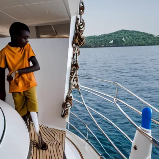 Prompt: nigerian boy climbing into a luxury yacht