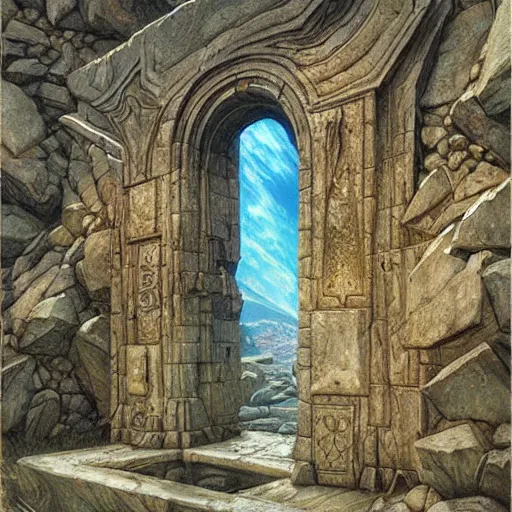 Prompt: The Great stone gates of runic magic, art by Donato Giancola and James Gurney, digital art, trending on artstation, epic composition, wide angle