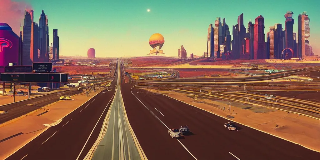 Image similar to “American highway in the style of Beeple and moebius, commercial, distortion, McDonald’s, Elon musk”