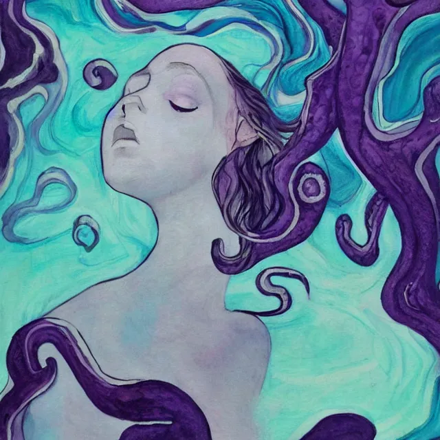 Prompt: a female art student falling asleep, iceberg, dark, sensual, dreamy, waves, swirls, violet drips, fish, blueberries, octopus, neo - impressionist, surrealism