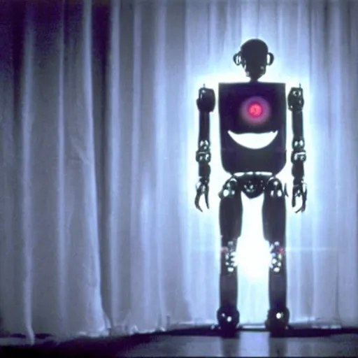 Image similar to movie still of robot with glowing third eye, cinematic composition, cinematic light, criterion collection, by david lynch