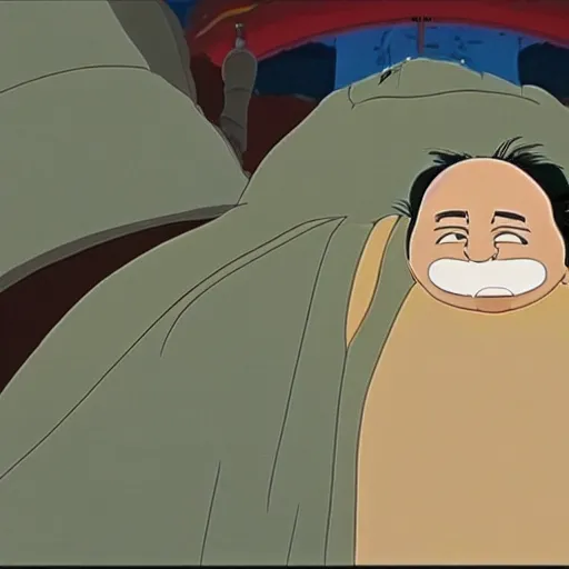 Image similar to a screenshot of Danny Devito in Spirited Away (2001), Miyazaki, Studio Ghibli