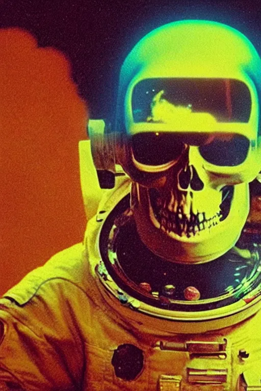 Image similar to astronaut with neon glowing skull, 1 9 6 0 s, color bleed, video compression, video glitch, vhs footage, akira kurosawa, mamoru oshii, wes anderson, stanley kubrick