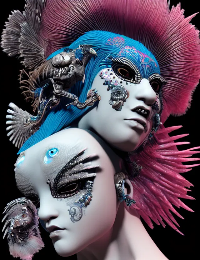 Image similar to 3 d goddess close - up profile portrait punk with mohawk with ram skull. beautiful intricately detailed japanese crow kitsune mask and clasical japanese kimono. betta fish, jellyfish phoenix, bio luminescent, plasma, ice, water, wind, creature, artwork by tooth wu and wlop and beeple and greg rutkowski