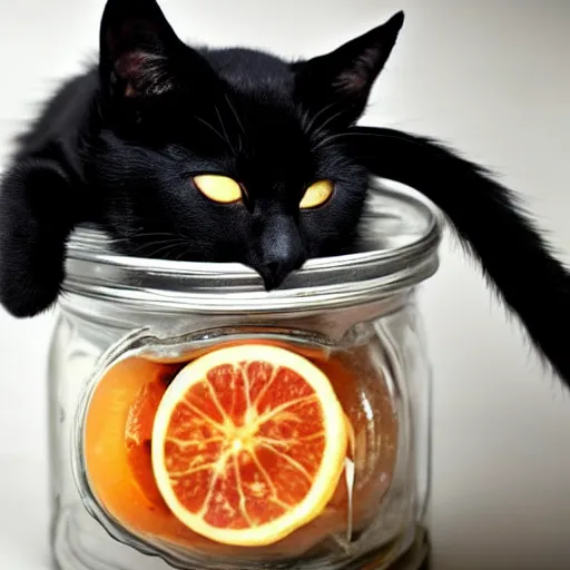 Prompt: a cute black cat sleeping inside of a jar