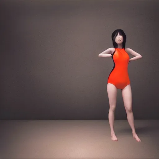 Image similar to perfect, realistic oil painting of japanese woman in racing one-piece swimsuit, in sci-fi dystopian empty room, by an American professional senior artist, Hollywood concept, dynamic composition and motion, postproduction.