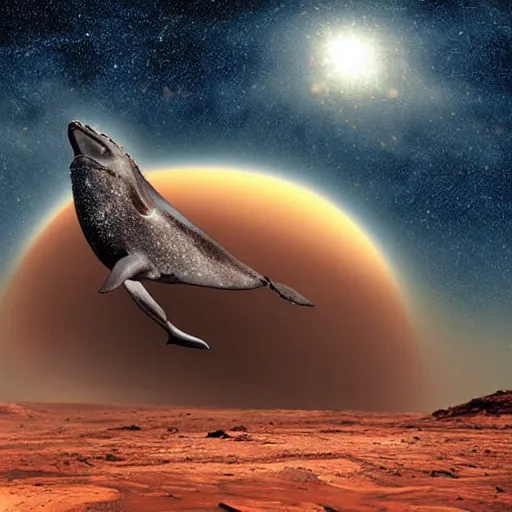 Prompt: whale on mars, photorealistic, very detailed, high definition mars landscape, gorgeous whale, stars and milky way in the sky, award winning photograph