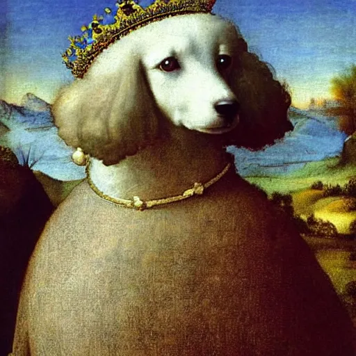 Prompt: portrait of a white poodle as an italian queen, painting by leonardo da vinci
