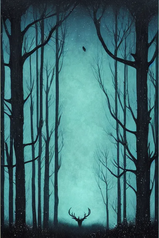 Image similar to stag, haunted woods, silhouettes, by andy kehoe