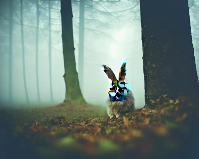 Image similar to a lomography photo of rumble between two human with rabbit head in foggy forest this morning, bokeh,