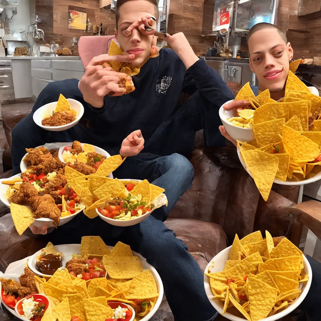 Image similar to pete davidson sitting in a bowl of nice fried chicken and nachos