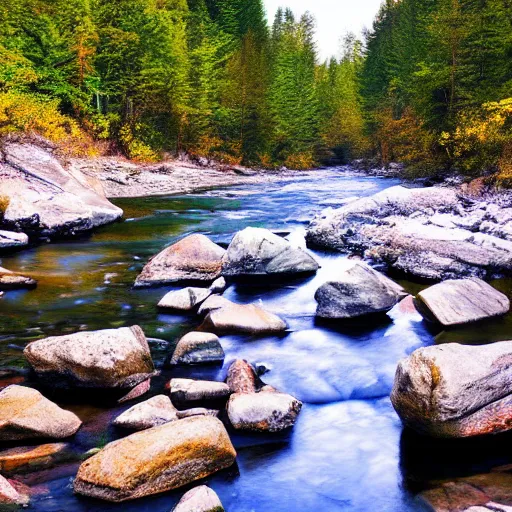 Image similar to a beautiful landscape, river, rocks, trees, polygonal, grid