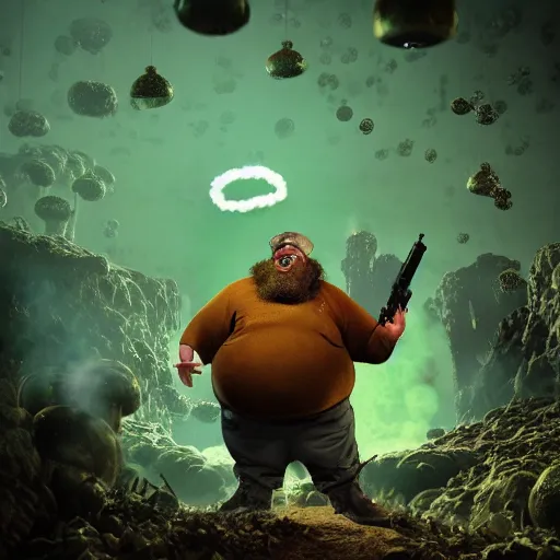 Image similar to highly detailed octane render of a short ugly fat man with a giant beard, holding a grenade launcher and wearing armour, goggles and a safety hat whilst laughing at a green mushroom cloud surrounded by dead insects in a cave