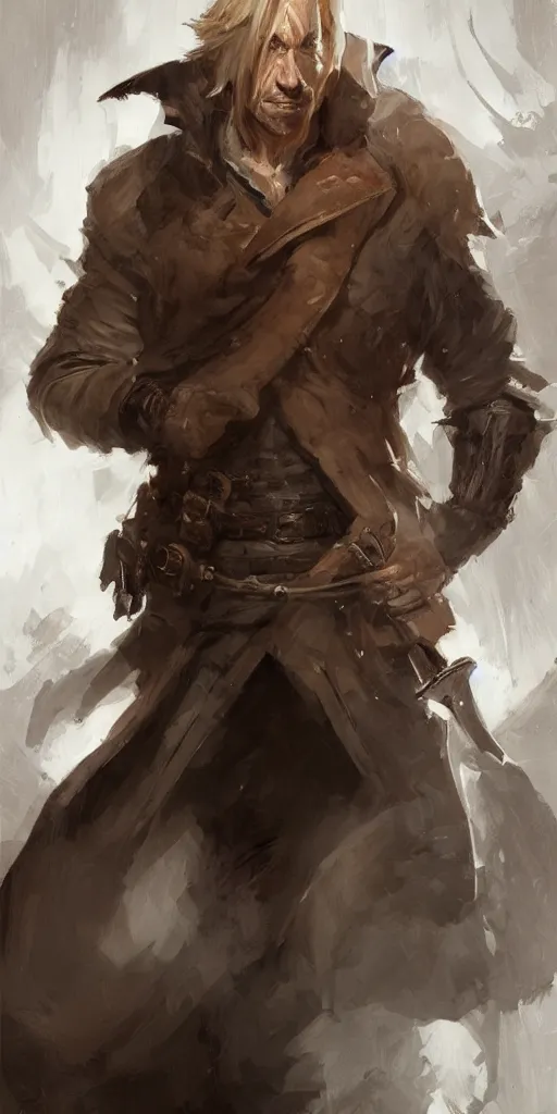 Prompt: portrait of a muscular, grim, ponytail haired blonde man in his late 30's, wearing a thick brown leather coat, looking to his side, hunter, DnD character, fantasy character, digital art by Ruan Jia, Krenz Cushart, Rossdraws and Boris Vallejo