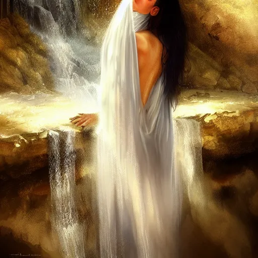 Prompt: beautiful Arab woman, white transparent veil black hair, bathing in a waterfall, ethereal, emotive, fine art, water mist, mystical, Romanticism, golden light digital painting, artstation, concept art