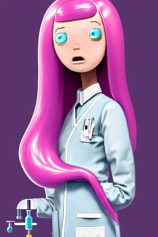 Prompt: highly detailed, industrial photography, profile view of adult princess bubblegum from adventure time, working in her science lab, wearing lab coat, long bubblegum hair, long straight bangs, confident, beautiful, attractive, illustration concept art by nicoletta ceccoli, mark ryden, lostfish, detailed and intricate environment, 8 k resolution, hyperrealistic, octane render