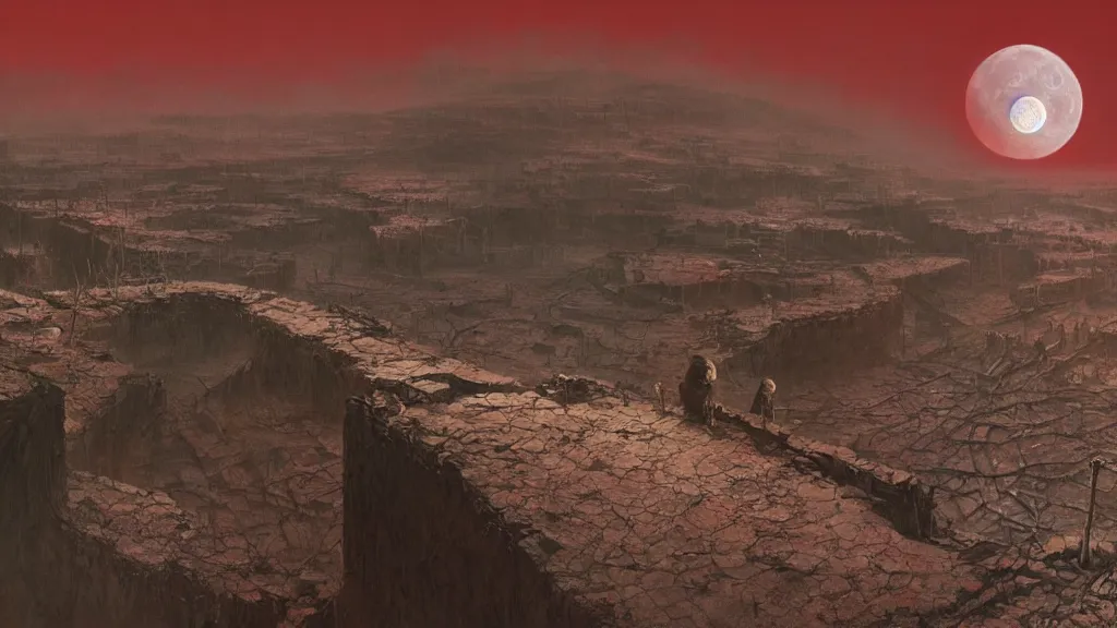 Prompt: a highly detailed landscape of a sole survivor sadly looking out over a post-apocalyptic ruined earth under a dim blood red moon, digital art by Benjamin Bardou, Zdzisław Beksiński , Ruan Jia,