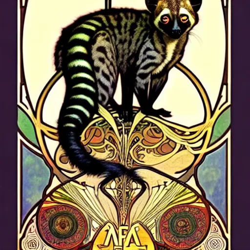 Prompt: An african civet by Alphonse Mucha, and Julie Dillon. Photorealistic. Art nouveau. Incredibly Beautiful.