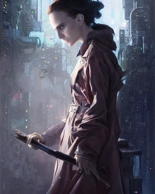 Prompt: beautiful fantasy character portrait, natalie portman, wearing oversized black trench coat, ultra realistic, wide angle, dramatic lighting, vultures, cyberpunk artifacts, highly detailed by peter mohrbacher, hajime sorayama, wayne barlowe, boris vallejo, aaron horkey, gaston bussiere, craig mullins