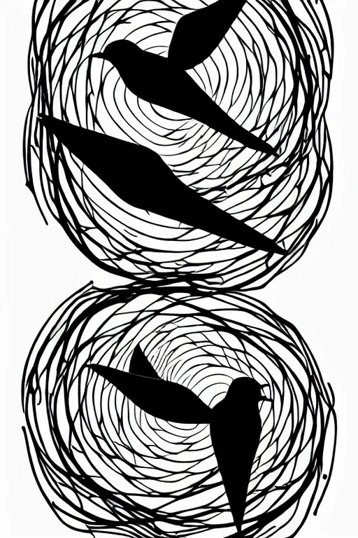 Image similar to a beautiful tattoo design of minimalist swallows flying across geometric spirals, black ink, abstract logo, line art, vector graphics