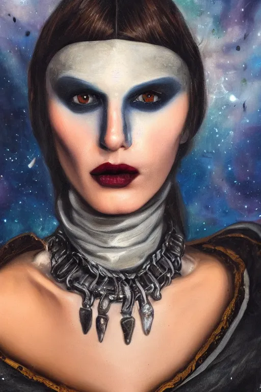 Image similar to hyperrealism oil painting, close - up portrait of european medieval brunette vampire fashion model, knight, steel gradient mixed with nebula sky, in style of baroque