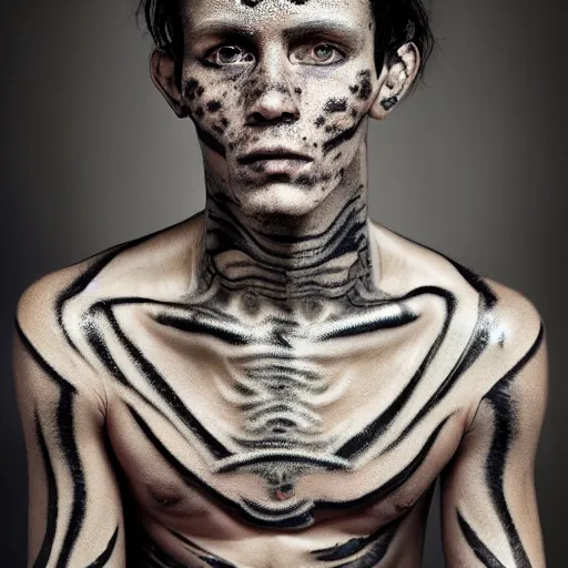 Prompt: a close up portrait of a beautiful athletic young male alien with his skin covered in spiderweb tattoos , photographed by erwin olaf, artistic