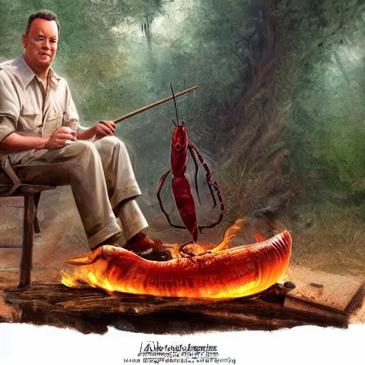 Image similar to Tom Hanks as forrest holding a giant shrimp on a stick over a campfire in the jungle, realistic digital painting, in the style of Aleksi Briclot, photoreailstic, realistic face, amazing detail, sharp