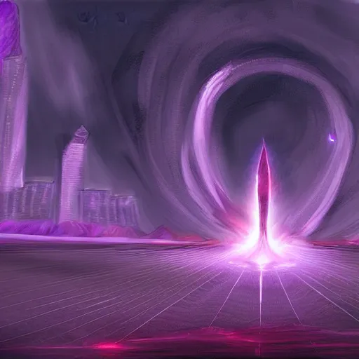 Prompt: WTC Twin Towers red-hooded magicians casting purple colored spells at towers, white glowing souls flying out of the towers to the black hole digital painting in the style of The Lord of the Rings