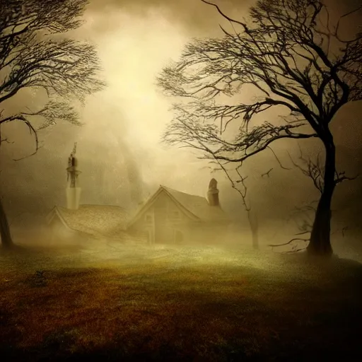 Prompt: strange darkness house inspired by Tim Burton, (by Tim Burton) dark forest background, mist, fog, volumetric lighting