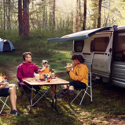 Prompt: 4 campers having breakfast between a lavvoo and a suburban, 4k