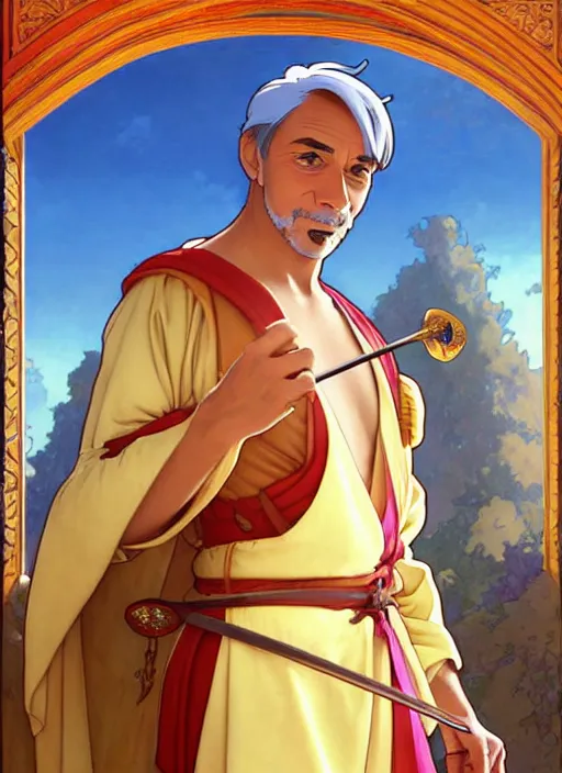 Image similar to tanned medieval diplomat wearing colourful silk robes holding lute, natural lighting, path traced, highly detailed, high quality, digital painting, by don bluth and ross tran and studio ghibli and alphonse mucha, artgerm