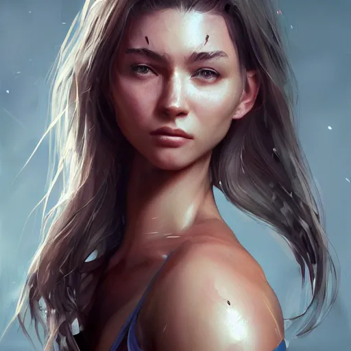 Image similar to a very cute woman with muscles, digital art, photorealistic, unreal engine, 8 k resolution, artstation, beautiful face, pretty face, very detailed eyes, by wlop, greg rutkowski, simon bosley