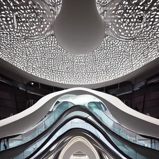 Prompt: extremely detailed ornate stunning beautiful elegant futuristic museum lobby interior by Zaha Hadid