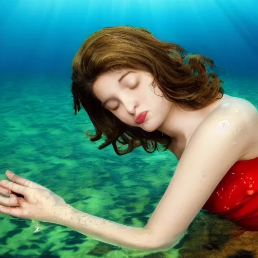 Prompt: medium close up, of a beautiful teen with short brown hair completely underwater wearing a floral sundress, eyes closed, bright red lipstick, sinking as if drowing, motion blur, long exposure. Seed image is [3790640580, 3580780586, 658923803, 3389861569]