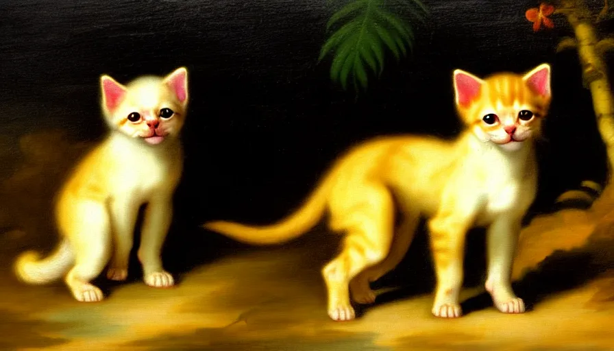 Image similar to a tropical dog kitten in the style of francisco goya, 4 k resolution, tropical background, tropical