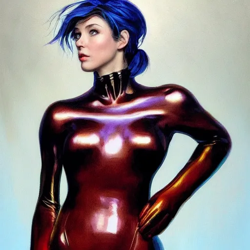 Prompt: a painting of a female wearing a latex suit. by edward robert hughes and craig davison. trending on artstation, highly detailed, volumetric lightning, cinematic lightning