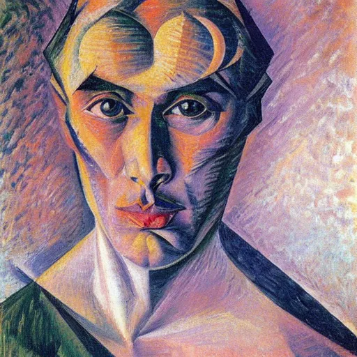 Prompt: a closeup portrait of a person looking forward by umberto boccioni wojciech siudmak giacomo balla william blake, symmetrical, oil on canvas