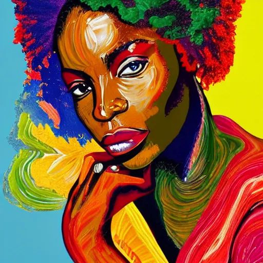 Prompt: beautiful african model portait made of colored gouache impasto color swirls and vibrant colored smoke explosion puffs