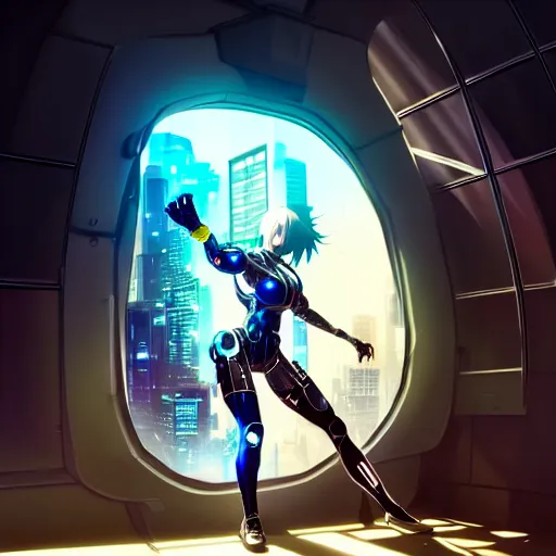 Image similar to beautiful cyborg - girl punching through a large reflective shattering window, window reflections, reflective, mirror reflection, refractions on lens, full round face, biomechanical details, cyberpunk anime art, full body shot, lens flare, wlop, ilya kuvshinov, artgerm, krenz cushart, greg rutkowski