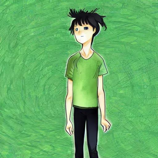 Prompt: A Green clothes guy Exploring the world with curiosity, Digital Art, Anime Style