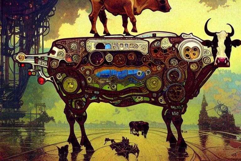 Prompt: cyborg cow, intricate, futuristic, fantasy, elegant, thomas kindkade, moebius, alphonse mucha, loish, norman rockwell,