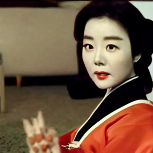 Image similar to The 1960s actress Choi Eun-Hee in a hanbok sitting on a couch, ultrawide 14mm shot, the room is dimly-lit and a starfish arm reaches through the window, minimal cinematography by Akira Kurosawa, movie filmstill, 1950s film noir, thriller by Kim Jong-il and Shin Sang-ok, monster horror movie