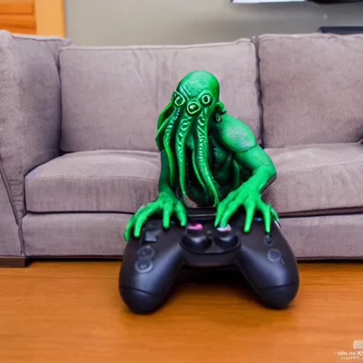 Prompt: Cthulhu getting mad while playing video games, 50mm photo