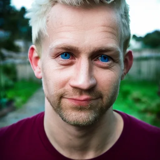 Image similar to photographic portrait of a polish man, 37 years old, short blonde hair in loose curls, small blue eyes, very pale white skin, medium blond stubble, wearing a maroon tight t-shirt and blue jeans, an earring on left ear, thin lips, smirking, posing in a garden, under bright sunlight