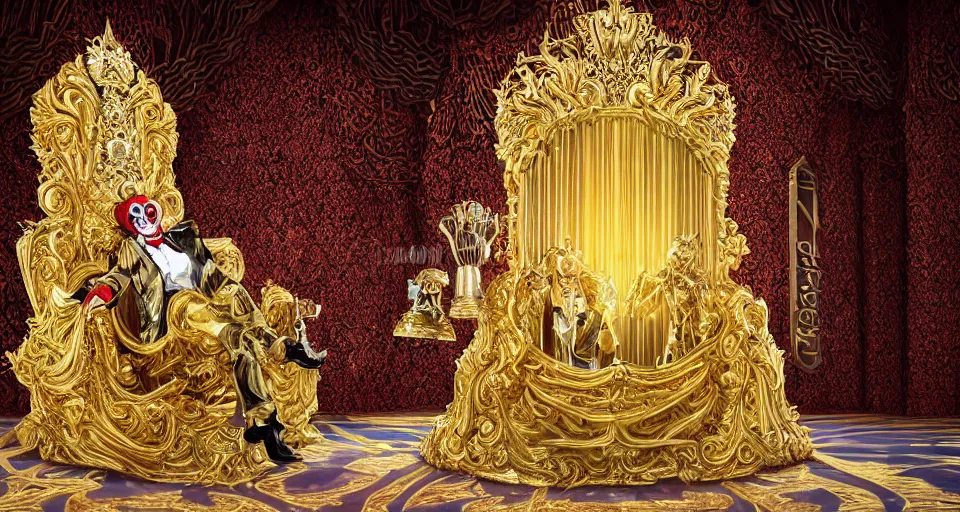 Prompt: shining majestic throne made of millions of diamonds, gold and zaphires with thousands of light reflections, and a clown on a tuxedo suit is sitting on the throne while handing a golden globe, cartoon style, dramatic light