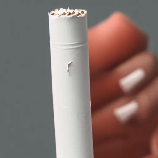 Prompt: Close-up of only realistic soft hand holding cigarette with smoke, hyper realism, white background, 4K