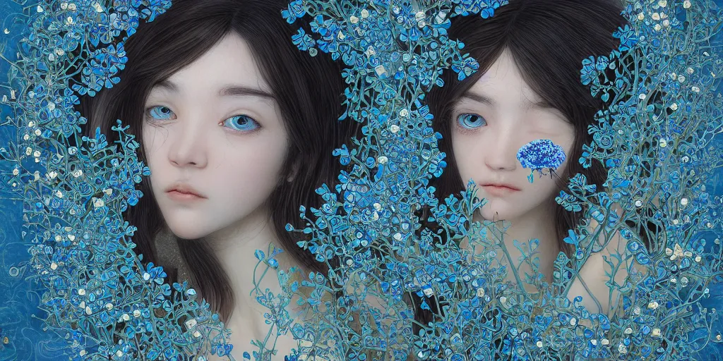 Image similar to breathtaking detailed concept art painting of the goddesses of nemophila flowers, orthodox saint, with anxious, piercing eyes, ornate background, amalgamation of leaves and flowers, by Hsiao-Ron Cheng, James jean, Miho Hirano, Hayao Miyazaki, extremely moody lighting, Black paper, cut paper texture, Full of light-blue and silver and white layers, 8K