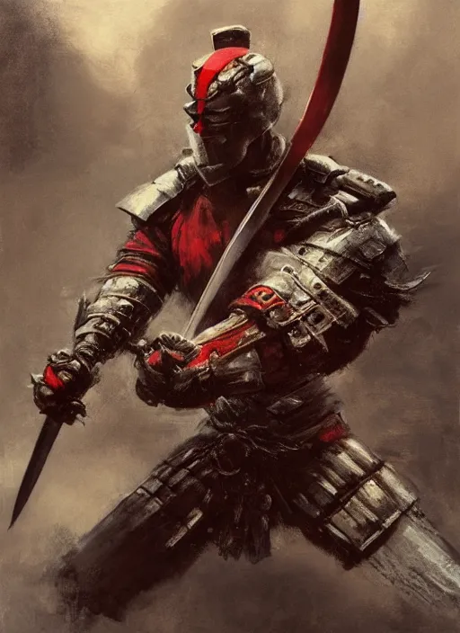 Prompt: A full portrait oil painting of a helmeted and masked Samurai holding a katana above his head an running into battle, japanese god of war armor, by Frank Frazetta, Greg Rutkowski, Boris Vallejo, epic fantasy character art, Exquisite detail, post-processing, low angle, masterpiece, cinematic, lightning