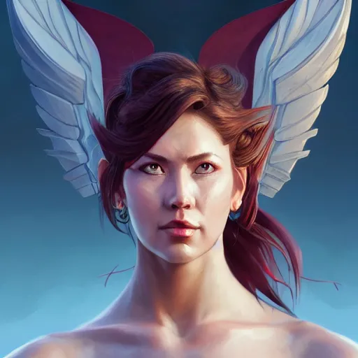 Image similar to 3 / 4 view of a portrait of a fighter woman with wings with wings, confident pose, genshin impact, digital art,, concept art, smooth, sharp focus, illustration, trending on artstation, highly detailed, concept art, trevor carlton, mickey demeo, trending on artstation, anime imax 7 0 mm, h 6 4 0